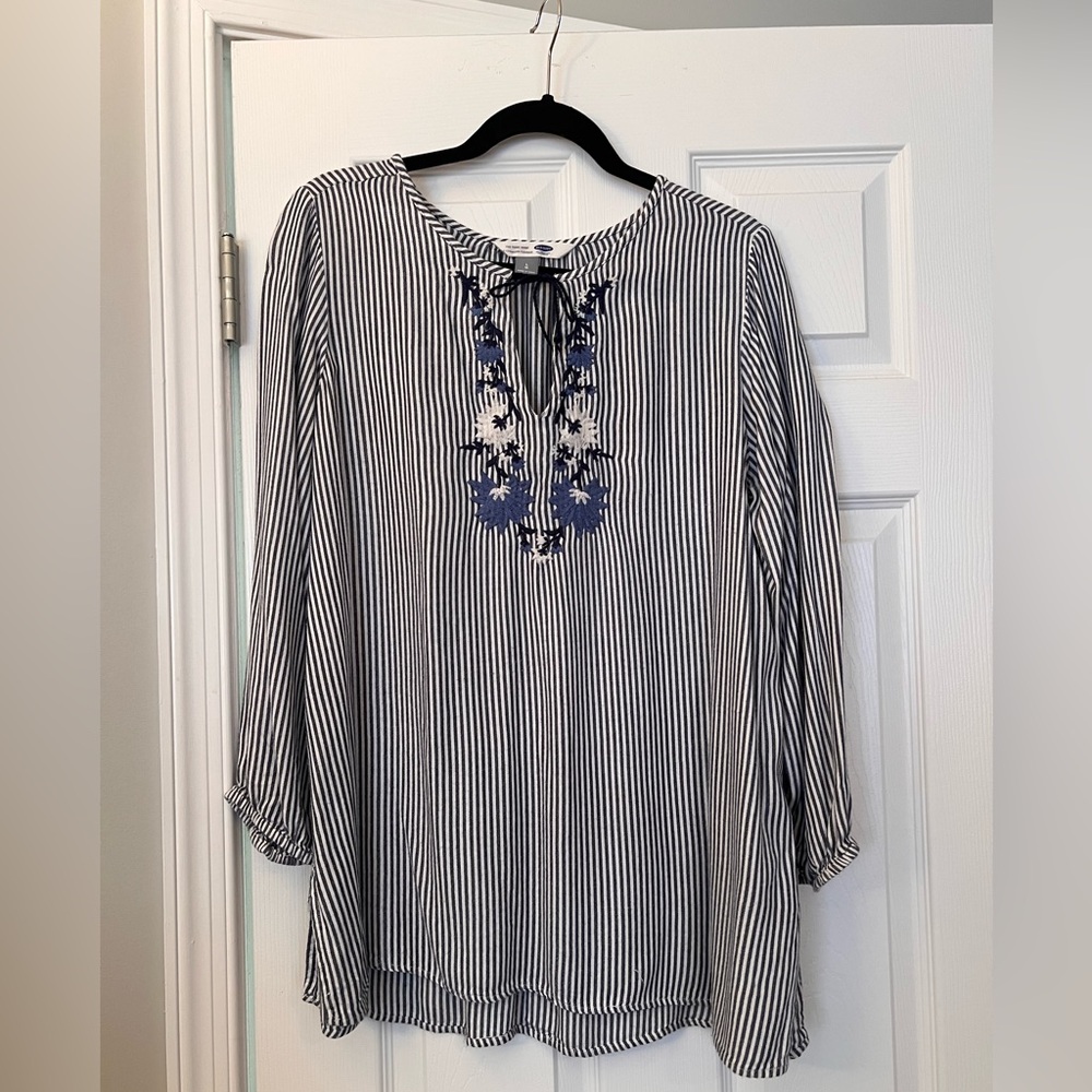 Old Navy Dark Blue Striped Tunic Shirt with Embroidered Flowers - Size L